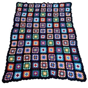 Vintage Crochet Granny Square Blanket Afghan. 58 x 42”